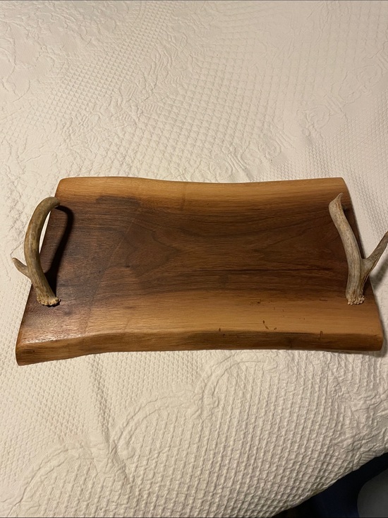 Other - Rustic Walnut Serving Tray with Antler Handles - Brown